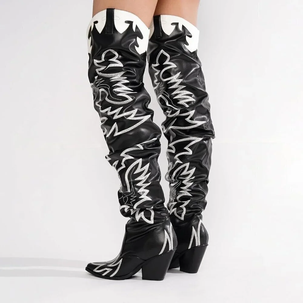 Women Pu Black Faux Leather Over The Knee Cowgirl Chunky Block Heel Fashion Boot